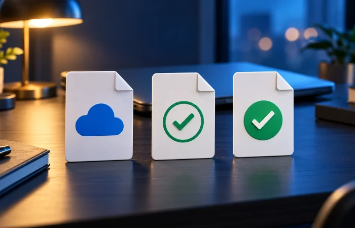 Conceptual illustration of three document symbols representing online-only, locally available and always-kept OneDrive files.