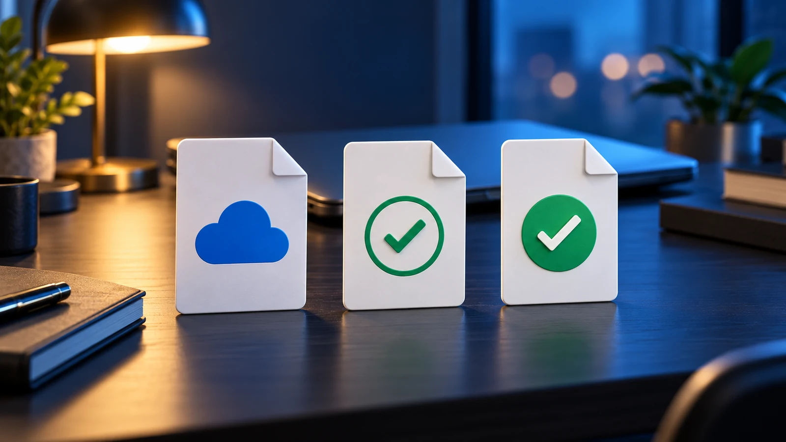 Conceptual illustration of three document symbols representing online-only, locally available and always-kept OneDrive files.