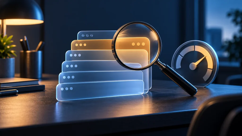 A magnifying glass isolates one amber browser tab among blue tabs beside a performance gauge.