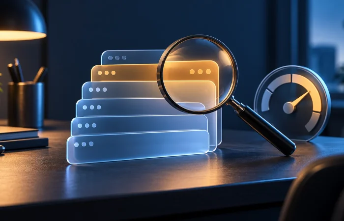 A magnifying glass isolates one amber browser tab among blue tabs beside a performance gauge.