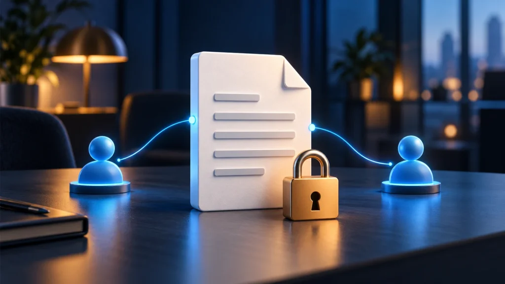 Two editor symbols connect to one shared document, with a padlock representing an editing restriction.