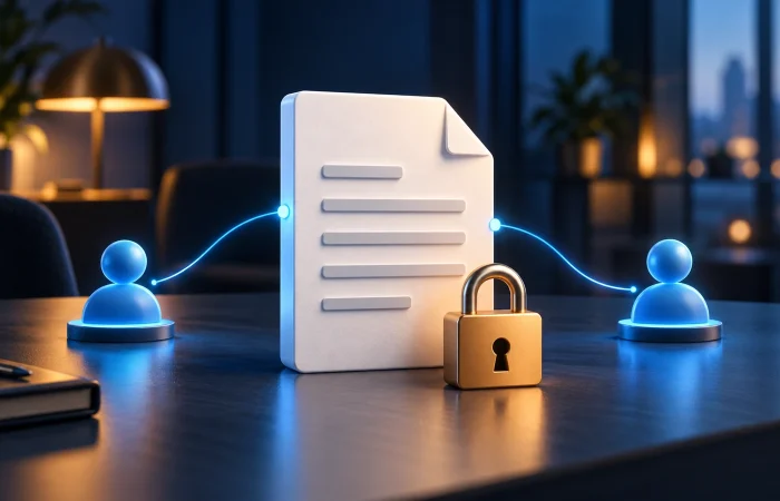 Two editor symbols connect to one shared document, with a padlock representing an editing restriction.
