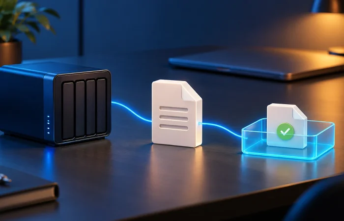 Conceptual illustration of a backup device sending a file to a separate test tray, away from a working laptop.