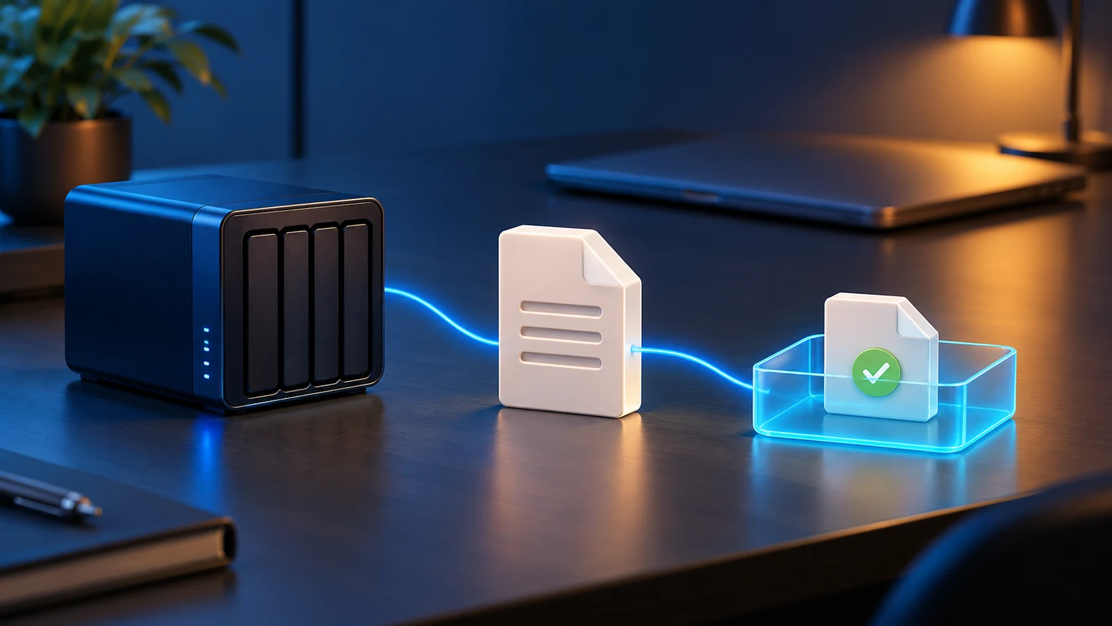Conceptual illustration of a backup device sending a file to a separate test tray, away from a working laptop.