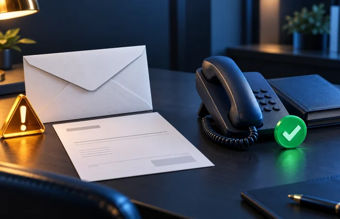 An email and invoice with a warning symbol sit apart from a telephone and address book used for independent verification.