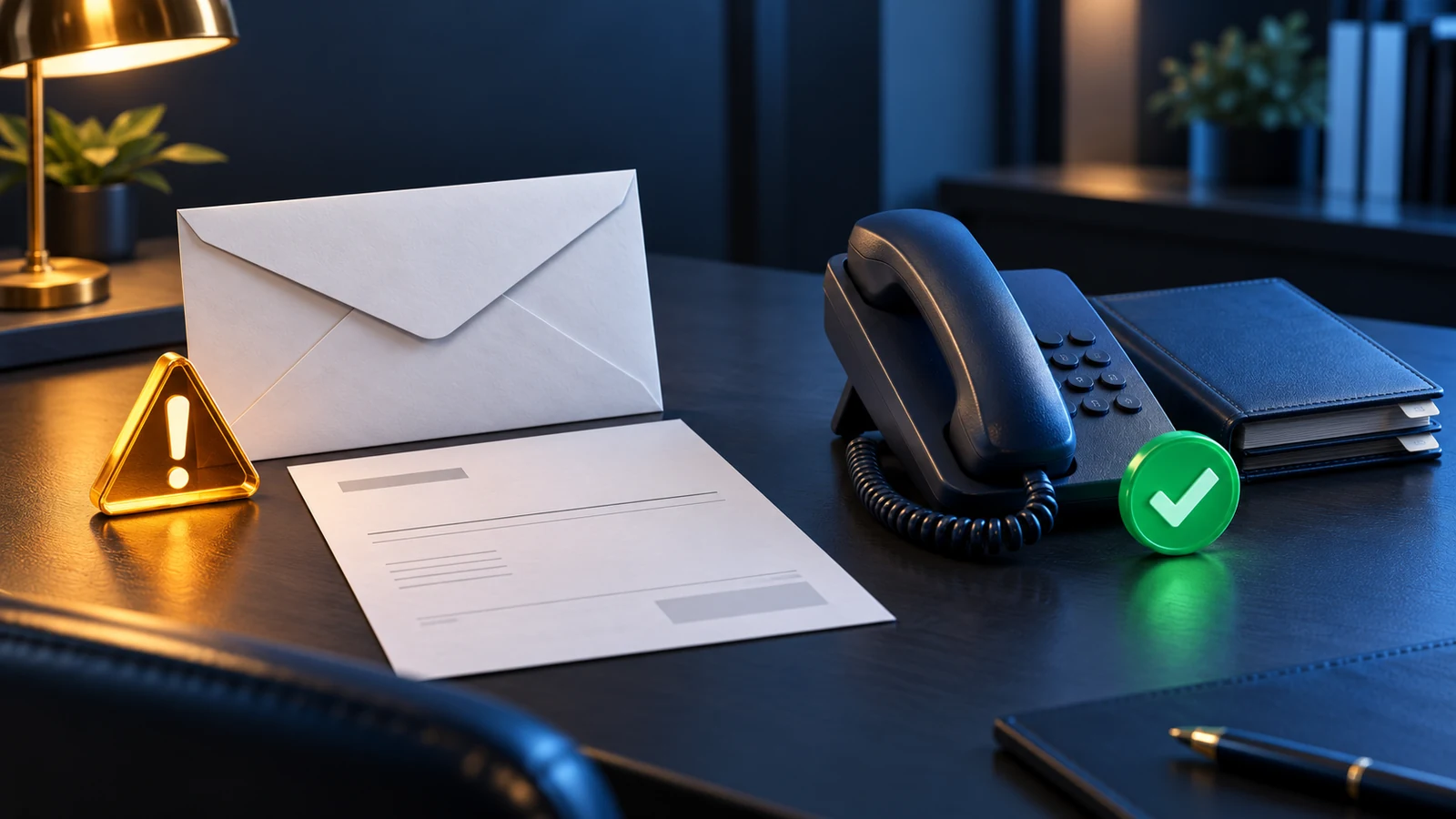 An email and invoice with a warning symbol sit apart from a telephone and address book used for independent verification.