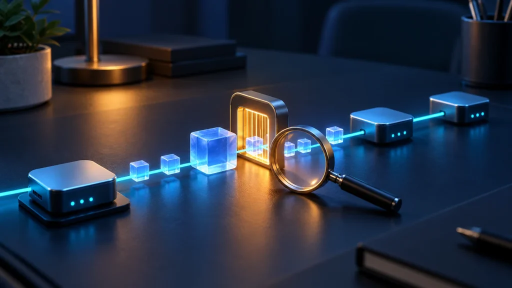 Conceptual illustration of differently sized data blocks on a network path beside a magnifying glass.