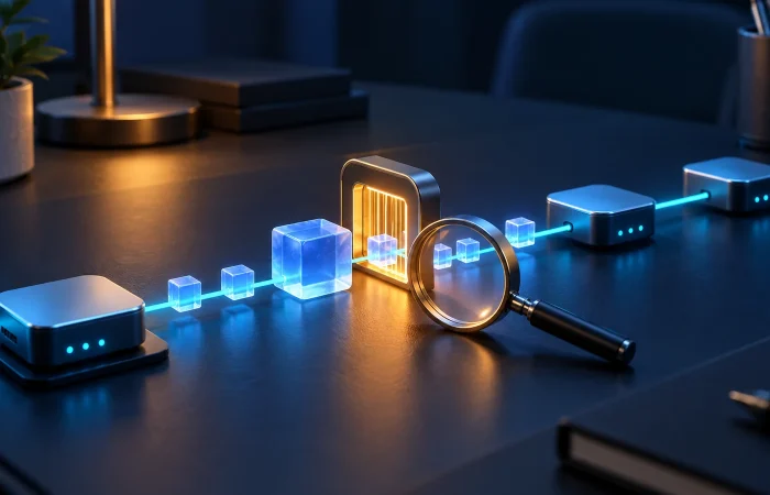 Conceptual illustration of differently sized data blocks on a network path beside a magnifying glass.