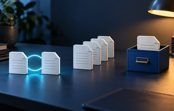 Conceptual illustration of two synced documents, a sequence of earlier file versions and a separate archive drawer.