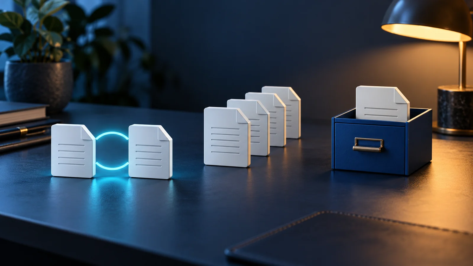 Conceptual illustration of two synced documents, a sequence of earlier file versions and a separate archive drawer.