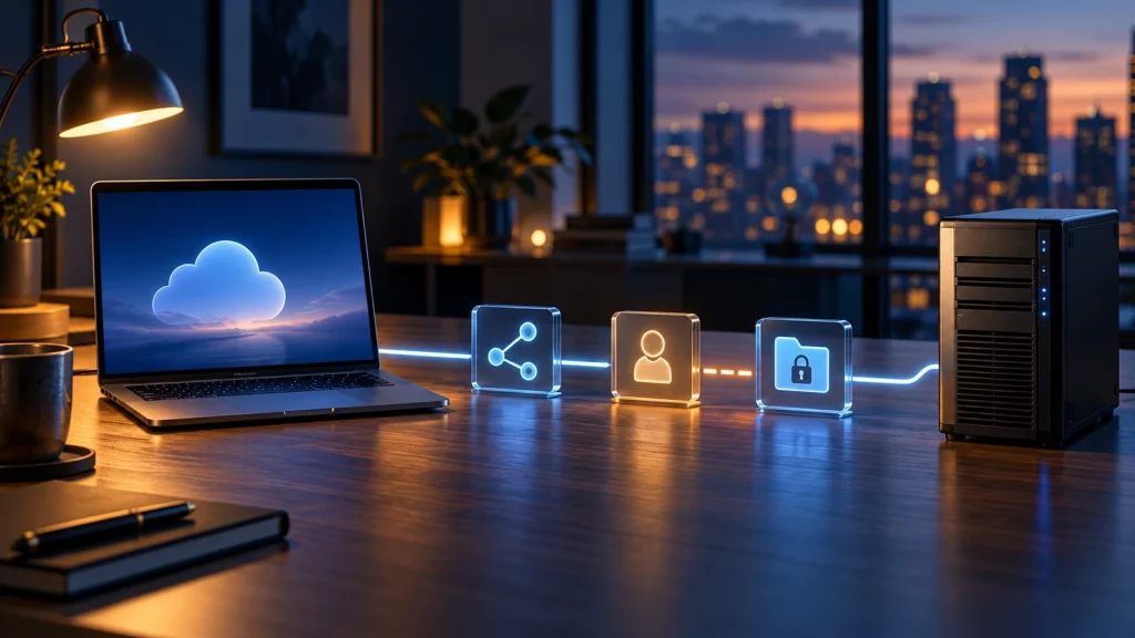 Conceptual office scene with a cloud-connected laptop, network and identity checkpoints, a locked folder and a file server.
