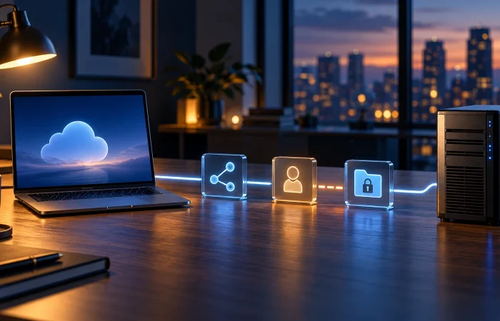 Conceptual office scene with a cloud-connected laptop, network and identity checkpoints, a locked folder and a file server.