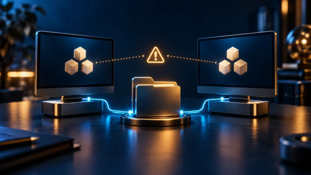 Two computers display matching identity symbols beside a shared folder and an amber warning marker.