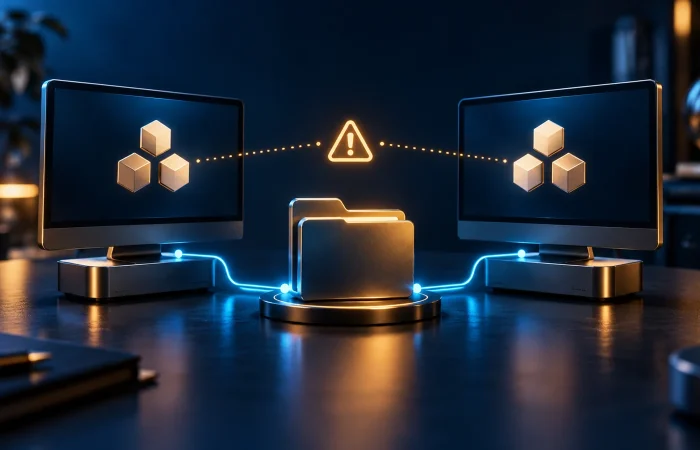 Two computers display matching identity symbols beside a shared folder and an amber warning marker.