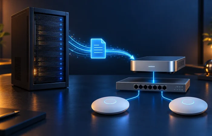 A server transfers a configuration file to a compact management appliance linked to a switch and two access points.