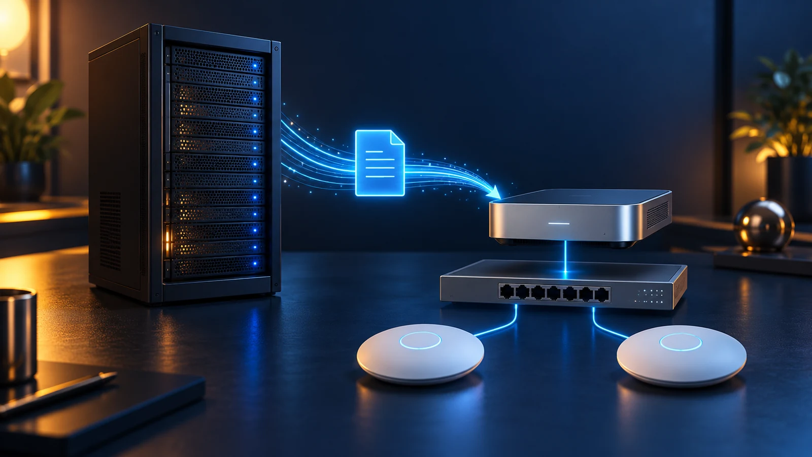 A server transfers a configuration file to a compact management appliance linked to a switch and two access points.