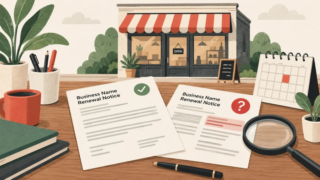 Editorial illustration of a shopfront, calendar and two generic business name renewal notices being examined.