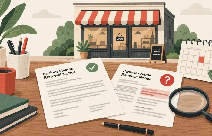 Editorial illustration of a shopfront, calendar and two generic business name renewal notices being examined.