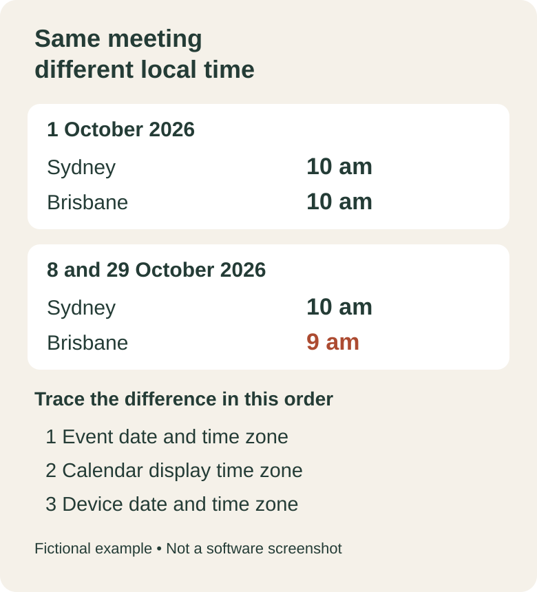 At 10 am Sydney on 1 October 2026 it is 10 am Brisbane; on 8 and 29 October it is 9 am Brisbane. Check event, calendar display, then device.