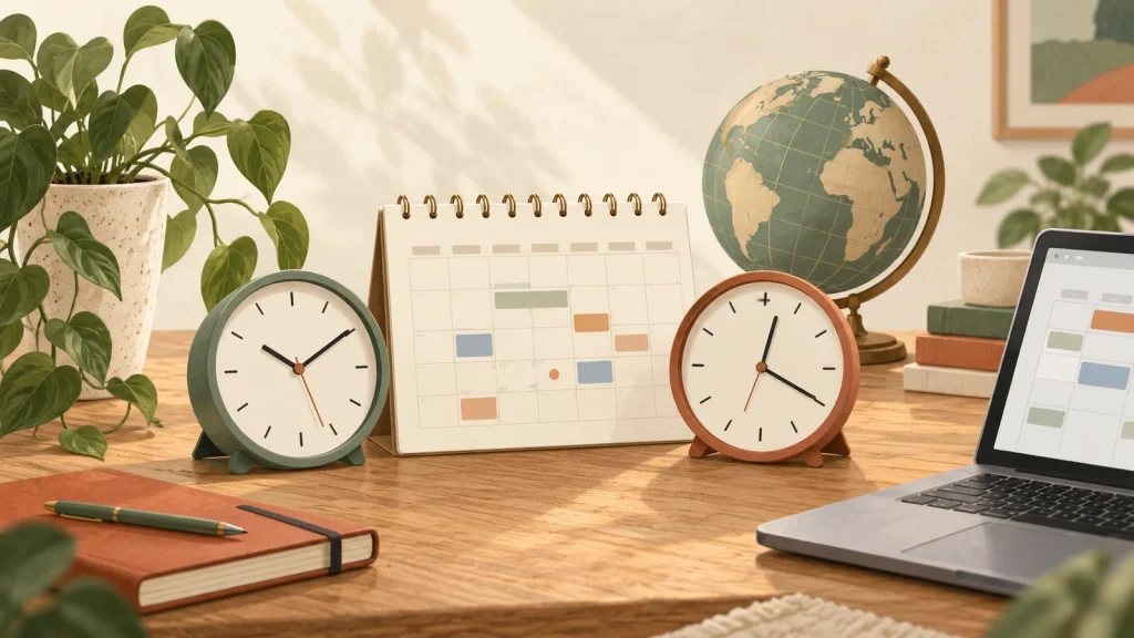Conceptual illustration of two desk clocks, a paper calendar and globe beside a laptop.