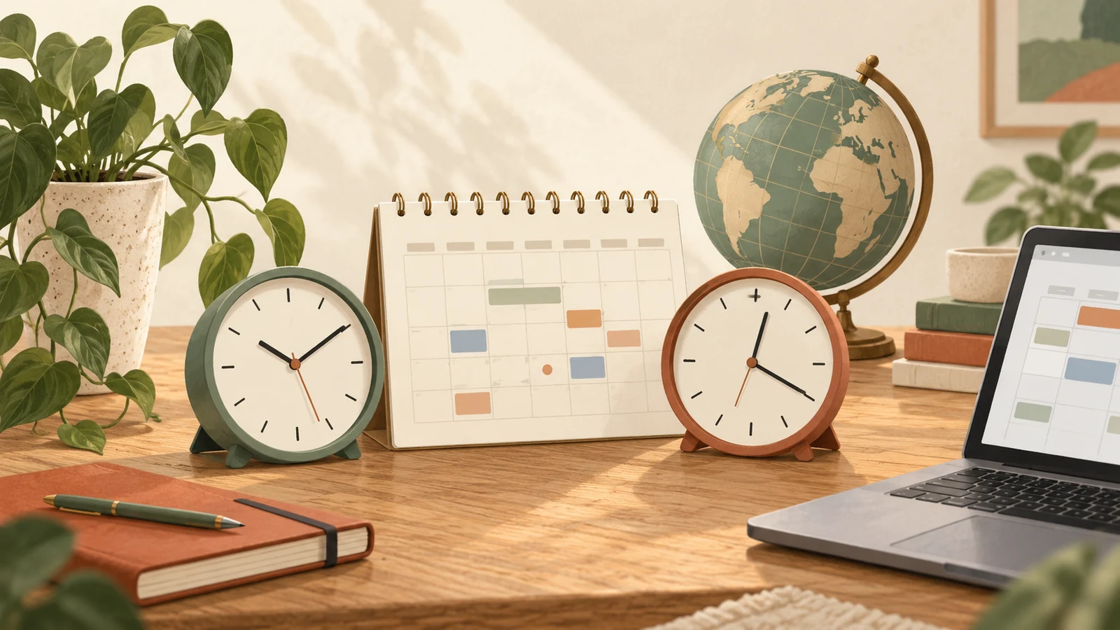 Conceptual illustration of two desk clocks, a paper calendar and globe beside a laptop.