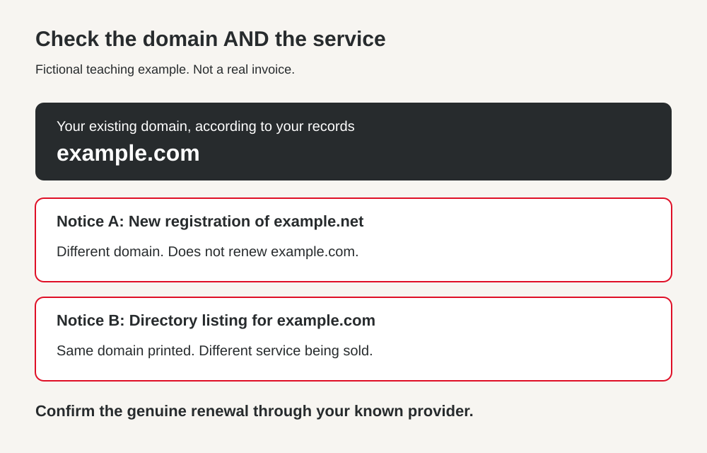 Fictional comparison: the domain on file is example.com, while a notice offers example.net and a directory listing. Neither item renews example.com.