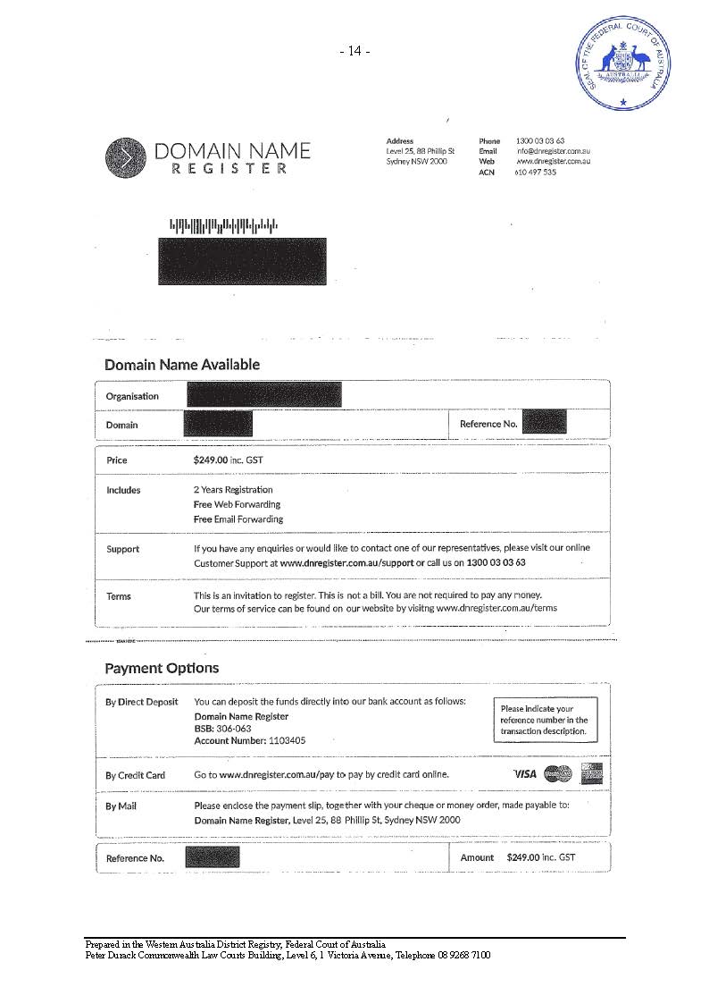 Full historical Domain Name Register notice, including original court redactions, $249 two-year offer, terms, payment options and remittance panel. Historical evidence, not a payable invoice.