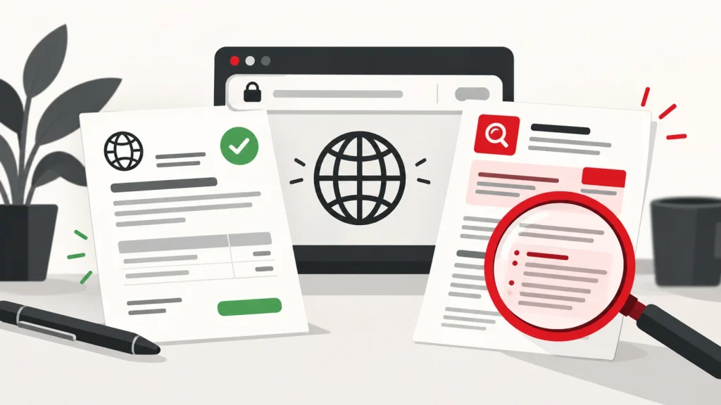 Illustration of a domain renewal document and an unsolicited notice being examined with a magnifying glass.