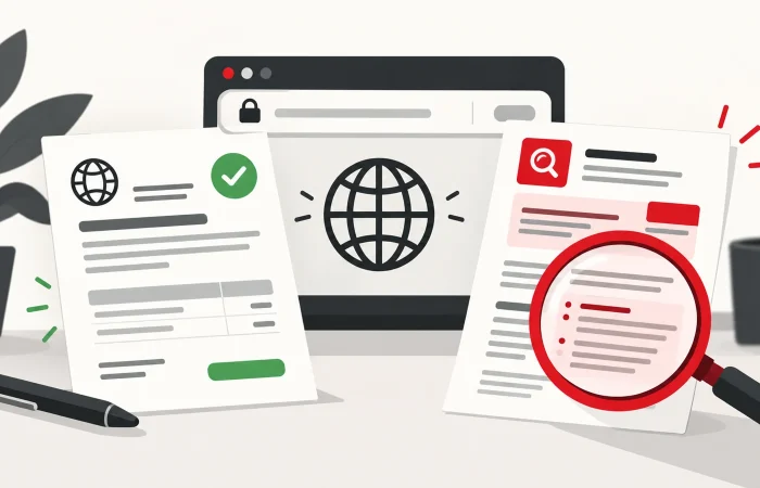 Illustration of a domain renewal document and an unsolicited notice being examined with a magnifying glass.
