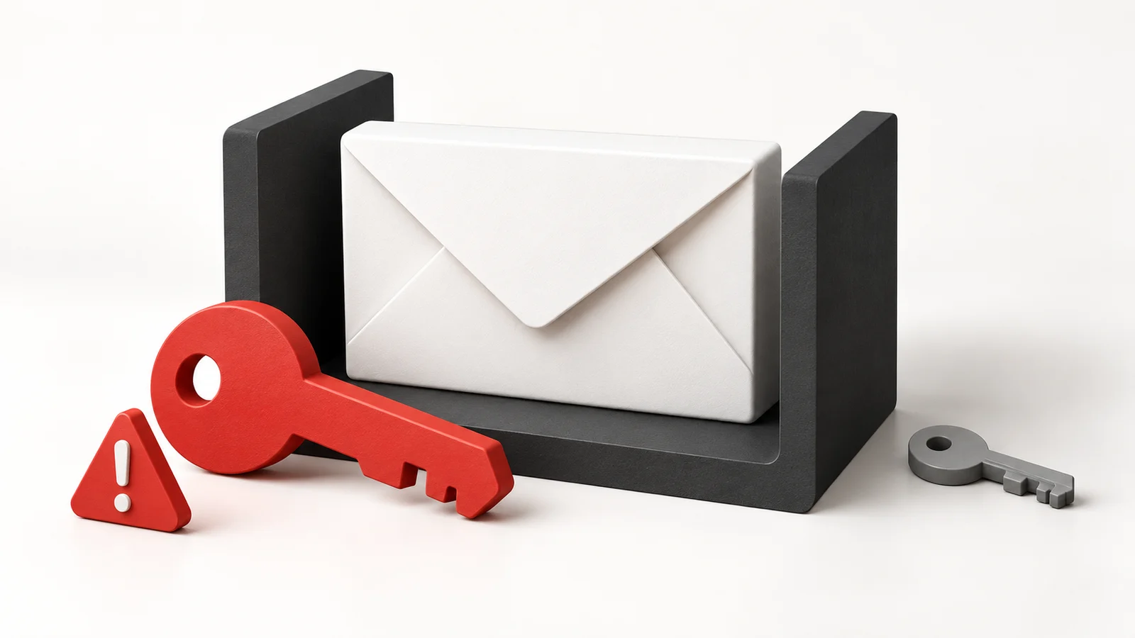 Original illustration of an envelope in a protective charcoal frame beside a red key, a warning marker and an unfamiliar grey key.