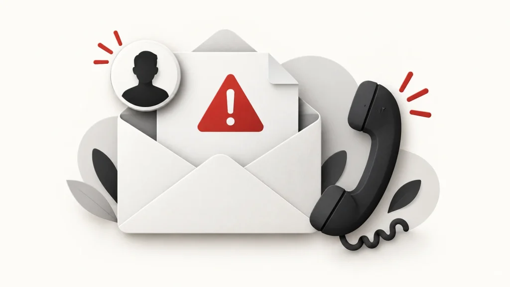 Illustration of a shared document with a warning symbol beside a familiar-contact icon and a telephone for independent verification.