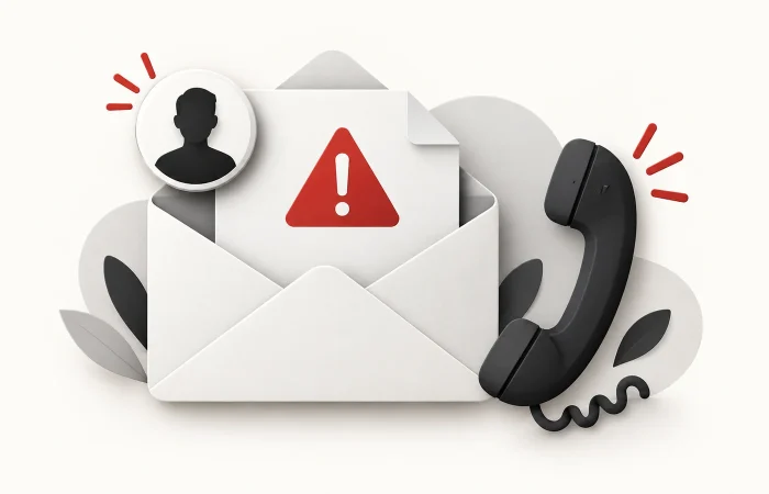 Illustration of a shared document with a warning symbol beside a familiar-contact icon and a telephone for independent verification.