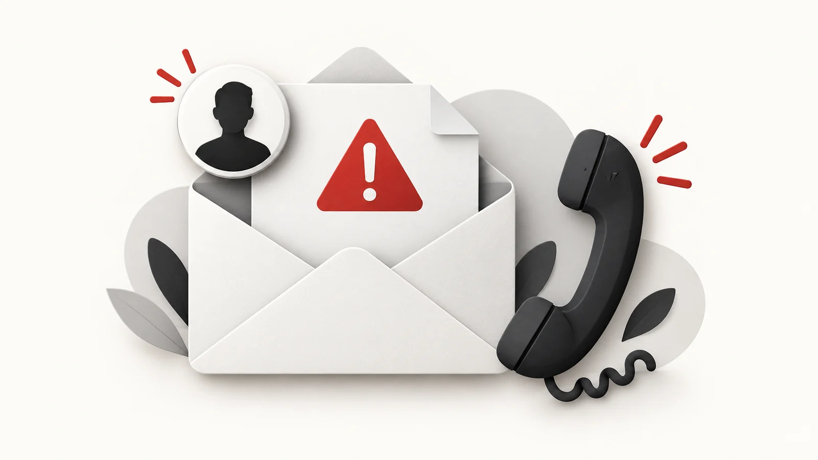 Illustration of a shared document with a warning symbol beside a familiar-contact icon and a telephone for independent verification.