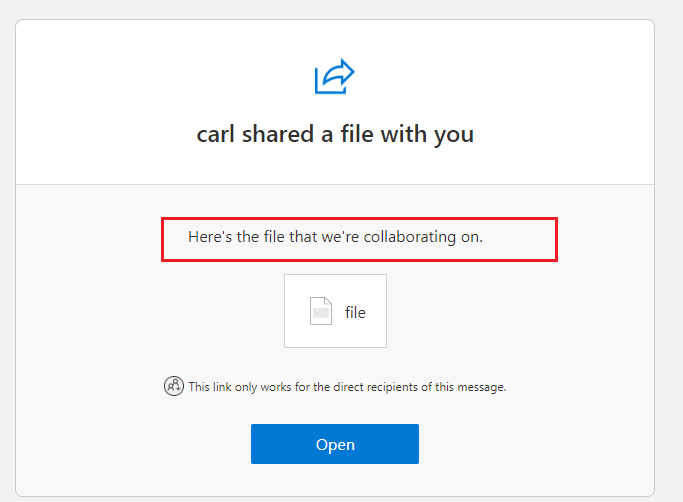 Microsoft-hosted example of a sharing email: a sender shared a file with you, a file tile and a blue Open button. The red outline is an annotation in the original source.