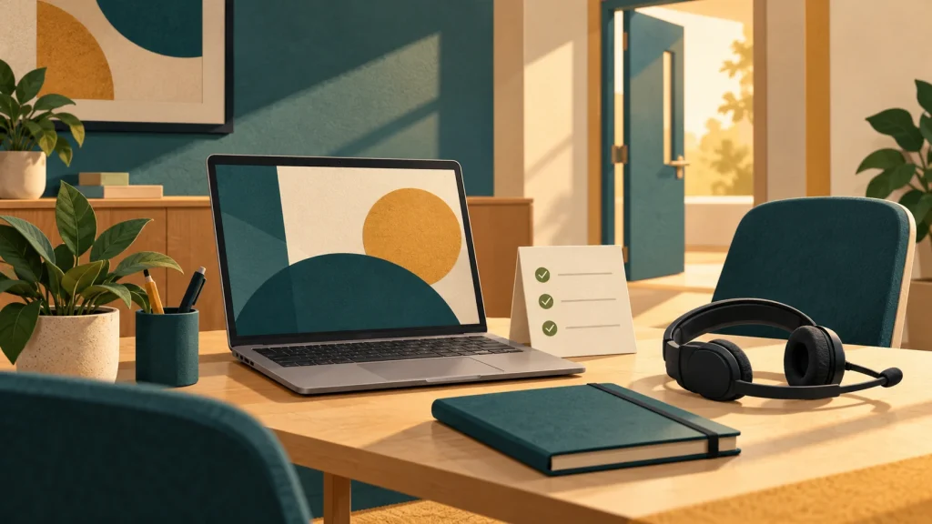 Original illustration of a prepared workstation with a laptop, headset and onboarding checklist in warm morning light.