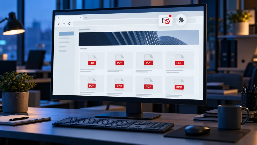 Illustration of PDF catalogue links on an office monitor with pop-up and browser extension icons.