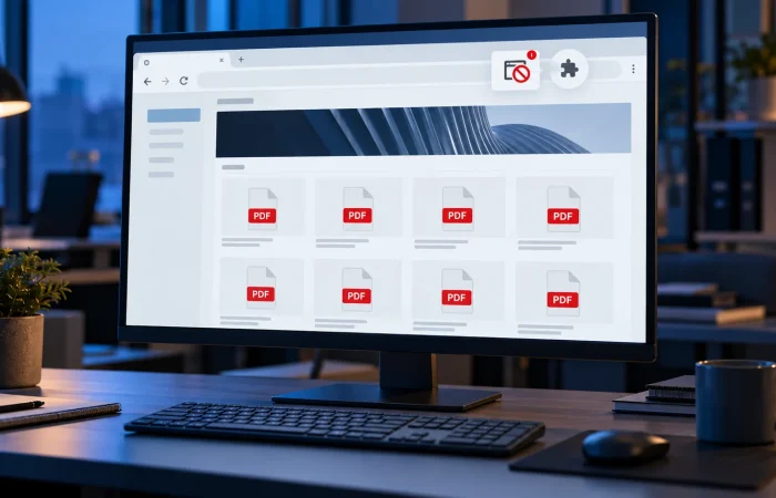 Illustration of PDF catalogue links on an office monitor with pop-up and browser extension icons.