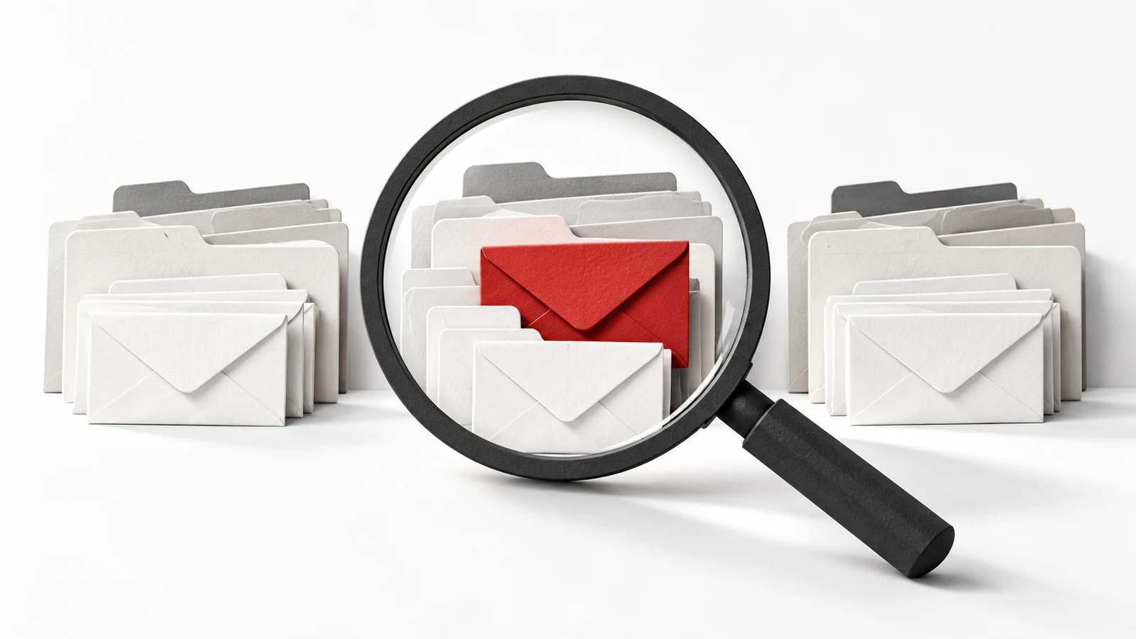 Original paper-cut illustration of a magnifying glass finding a red envelope among three groups of folders and white envelopes.