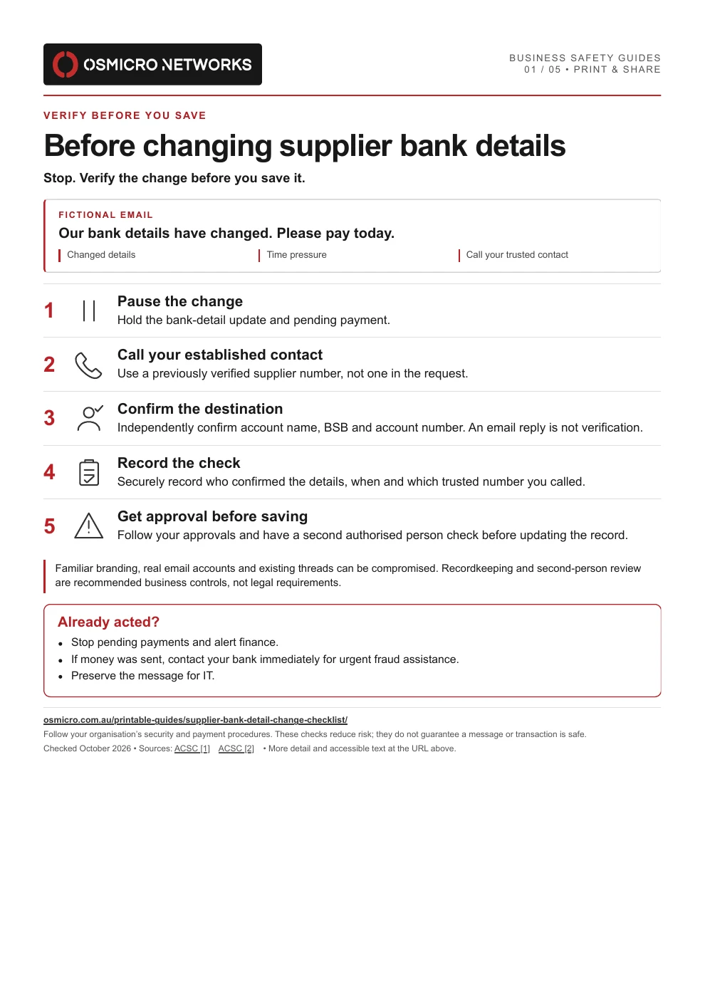 Preview: Before changing supplier bank details printable checklist