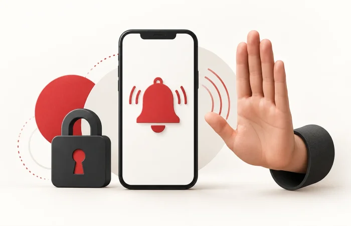 Original illustration of a smartphone with an abstract notification bell, a raised stop hand and a closed padlock.