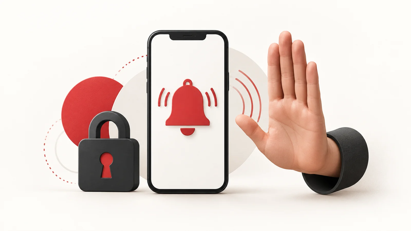 Original illustration of a smartphone with an abstract notification bell, a raised stop hand and a closed padlock.