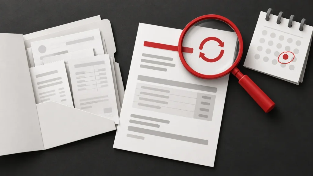 Illustration of a renewal document under a red magnifying glass, beside purchase records and a calendar.