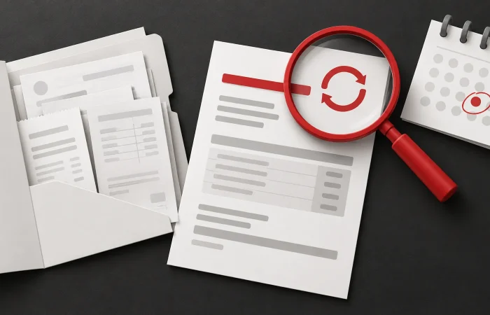 Illustration of a renewal document under a red magnifying glass, beside purchase records and a calendar.