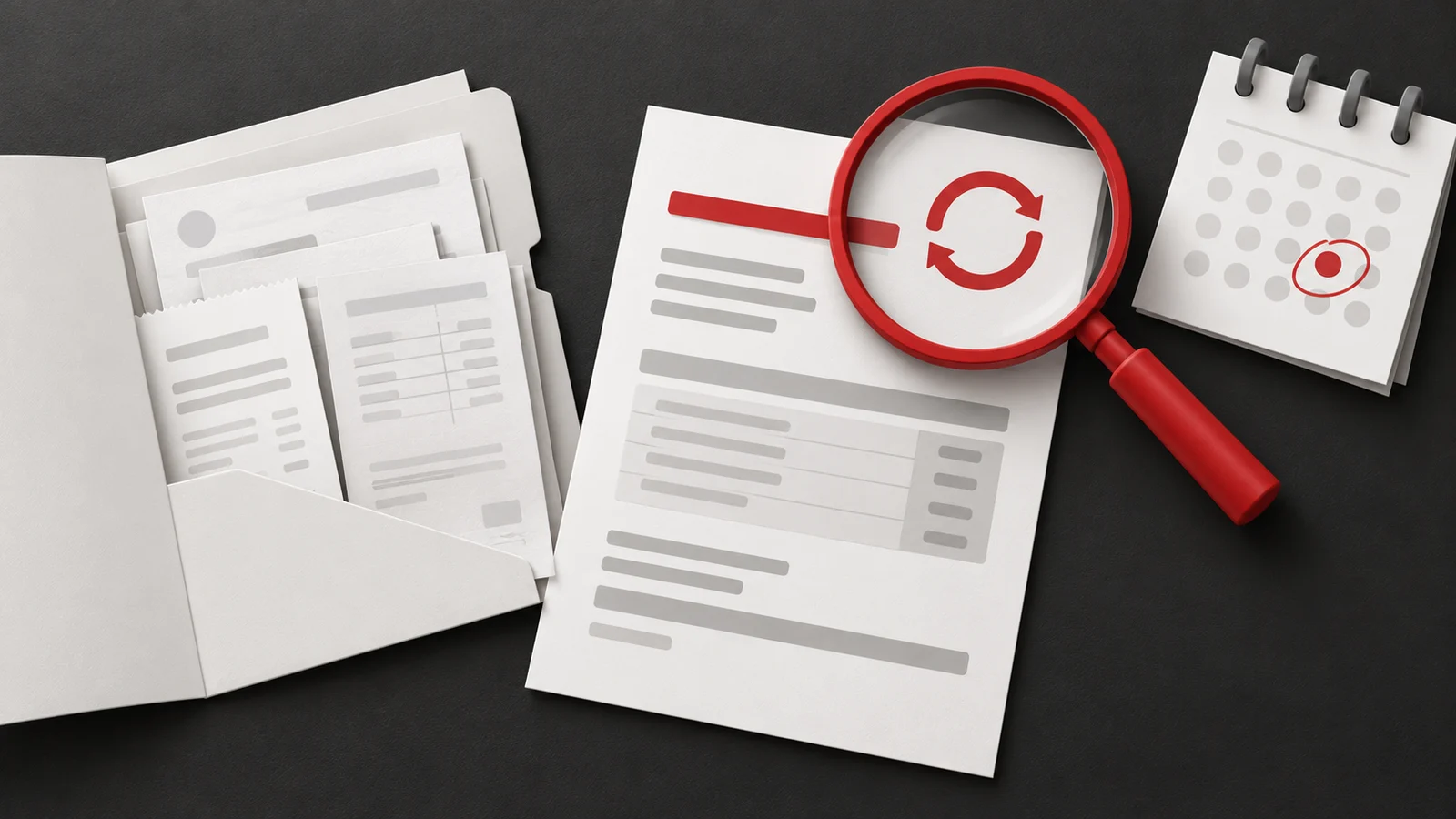 Illustration of a renewal document under a red magnifying glass, beside purchase records and a calendar.