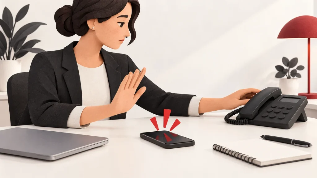 Original illustration of an office worker pausing an urgent smartphone request and reaching for a separate desk telephone to verify it.