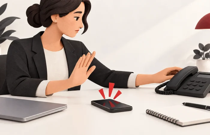 Original illustration of an office worker pausing an urgent smartphone request and reaching for a separate desk telephone to verify it.