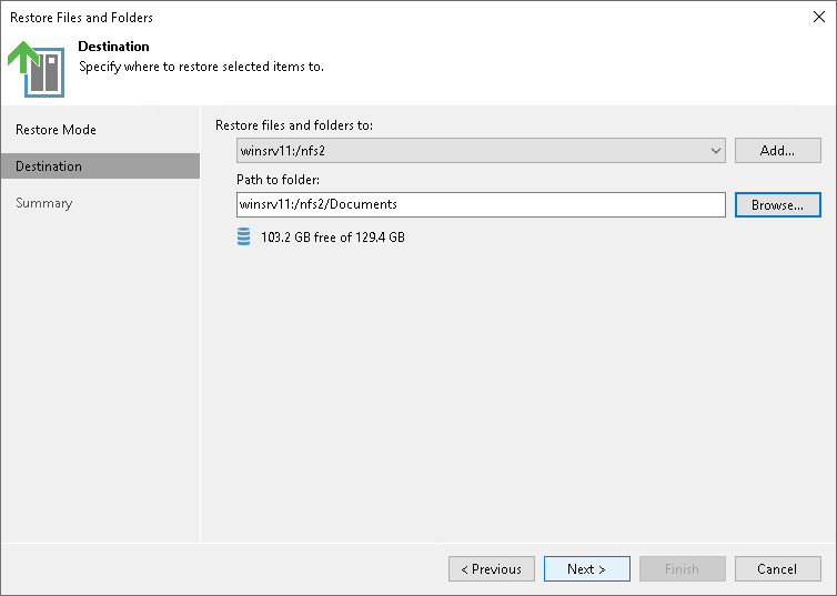 Genuine Veeam restore Destination window showing the target share and Path to folder fields.