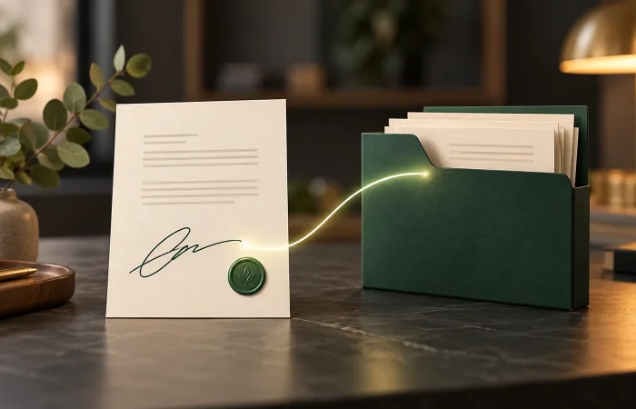 Conceptual illustration of a signed document connected to a green folder on a warmly lit desk.