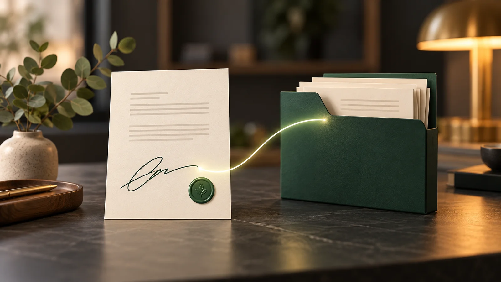 Conceptual illustration of a signed document connected to a green folder on a warmly lit desk.